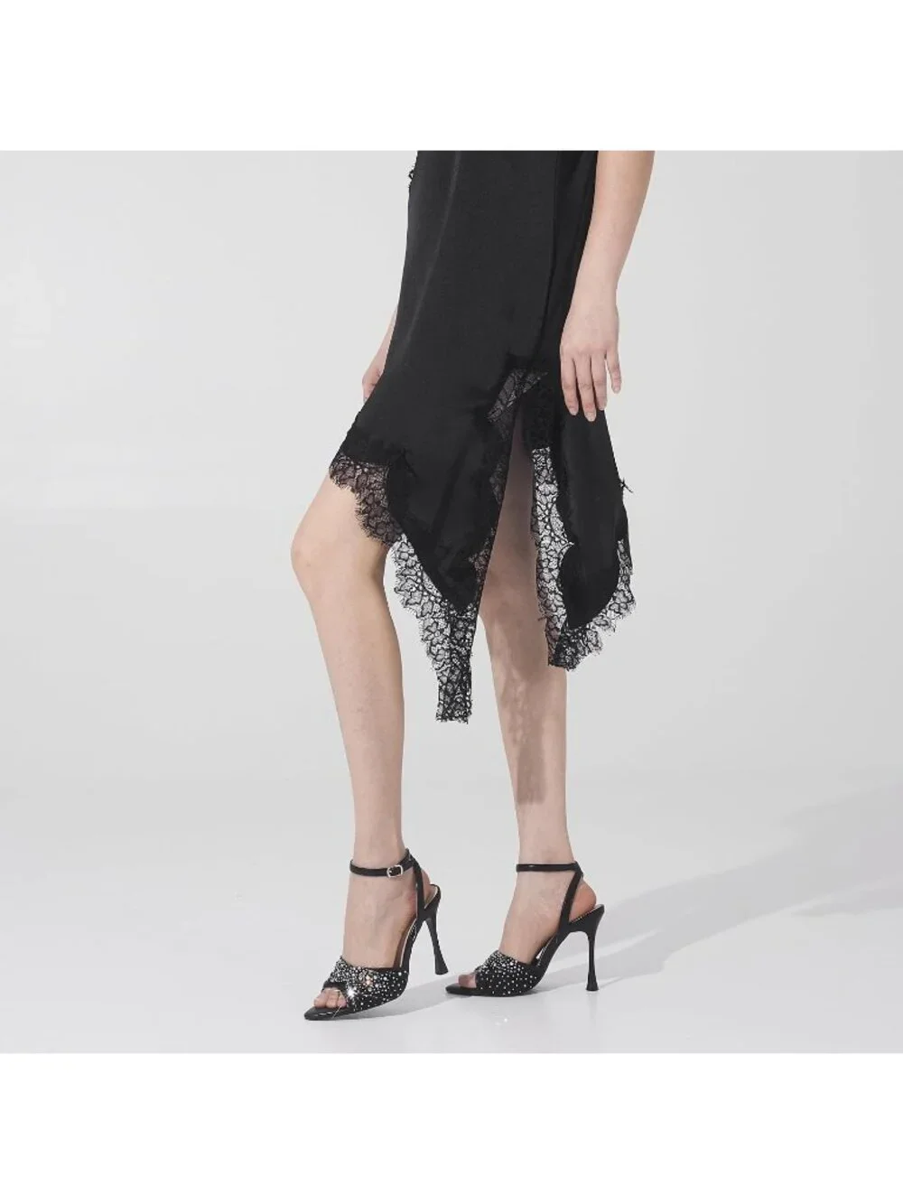 Women's Black Mesh Rhinestone 4 Inch Strappy High Heels Sandals Pointed Open Toe